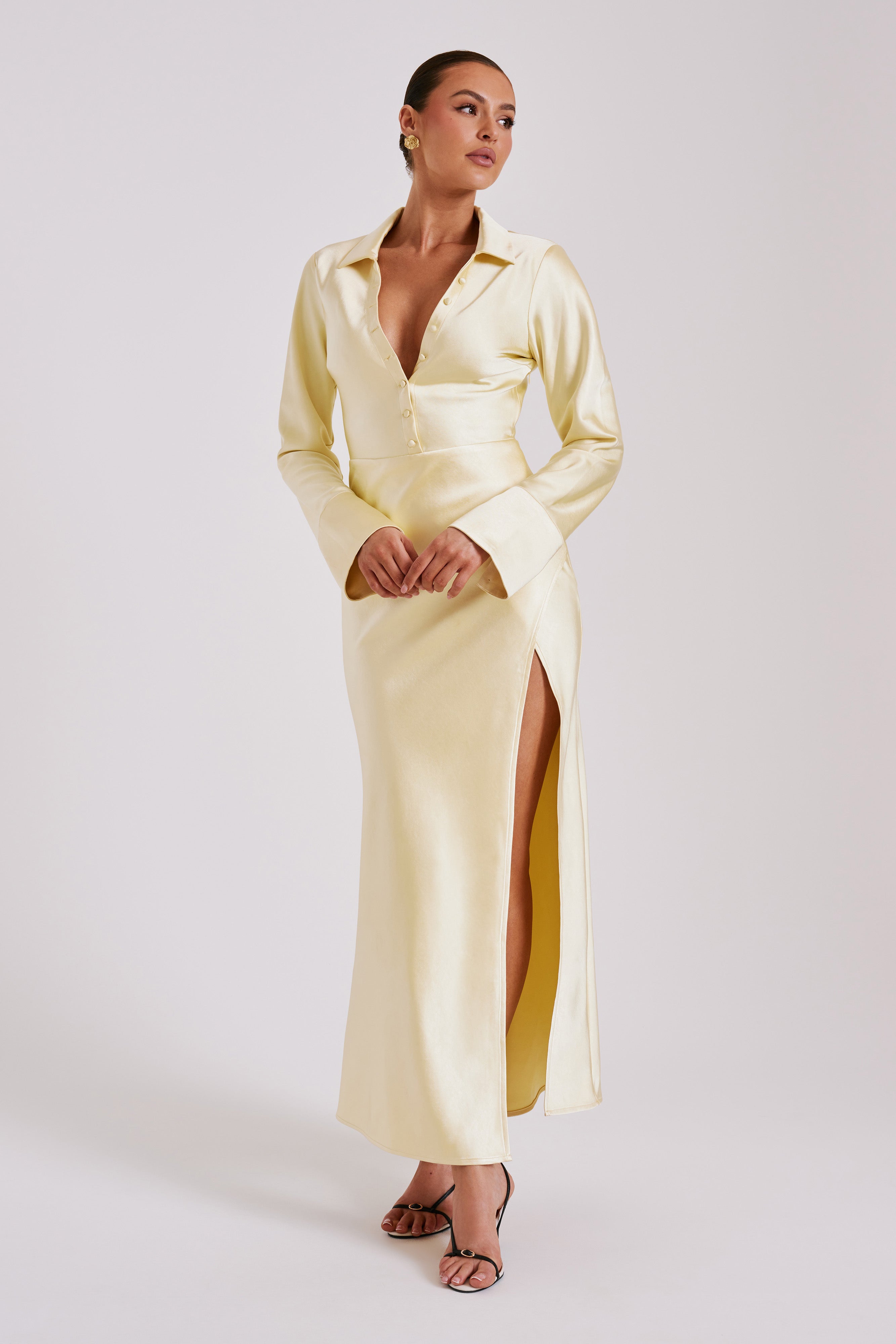 Whitley Satin Collared Maxi Dress - Butter